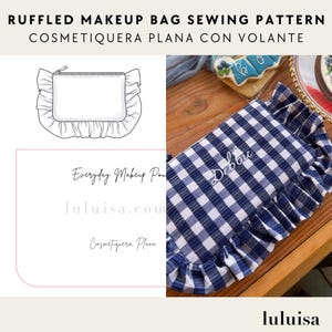 May include: A blue and white gingham makeup bag with a ruffled edge, personalized with the name "Debbie." The image also shows a sewing pattern of the bag and the text "RUFFLED MAKEUP BAG SEWING PATTERN" and "luluisa.com".