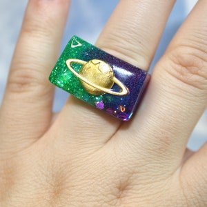 Resin Rings: Holographic Galaxy Ring with Gold Saturn Gem