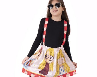Falda corta infantil personalizada con tirantes. Diseño personalizado con el dibujo de tus hijos. Crea tu falda única