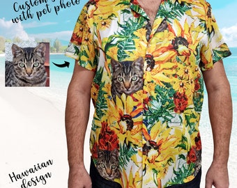 Camicia hawaiana elegante personalizzata con faccia di gatto per uomini e donne / Camicia fotografica personalizzata per animali domestici / Camicia personalizzata con disegno di fiori tropicali