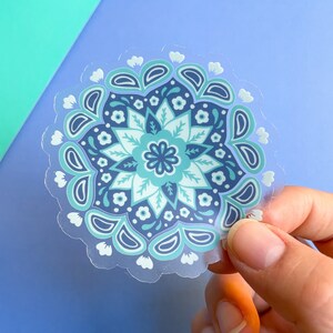 Doorzichtige tuinvinylsticker in groenblauw | Geometrische waterdichte bloemsticker, planner- en laptopstickers, schattige vinylsticker, modern cadeau