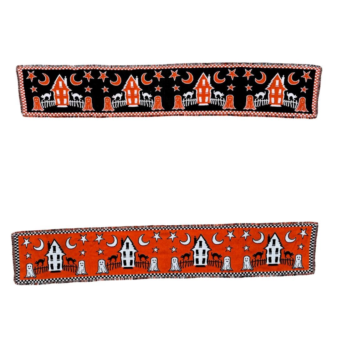 Vintage Reversible Woven Halloween Ghost Spooky House Black Cat Table ...