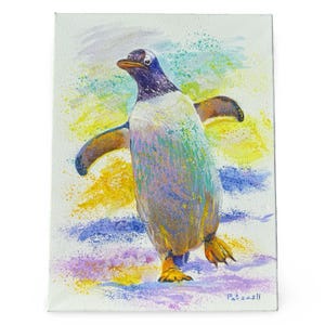 Lienzo original pintado a mano con un pingüino nevado, 30 x 40 cm