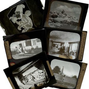 May include: A collection of vintage black and white photographic slides. The slides depict various scenes, including a monkey illustration, landscapes, and architectural interiors. Some slides have handwritten text and labels.