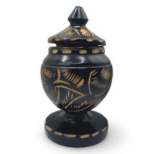 Unique Vintage Wooden Carved Trinket Stash Jar Box Container Black Lacquered