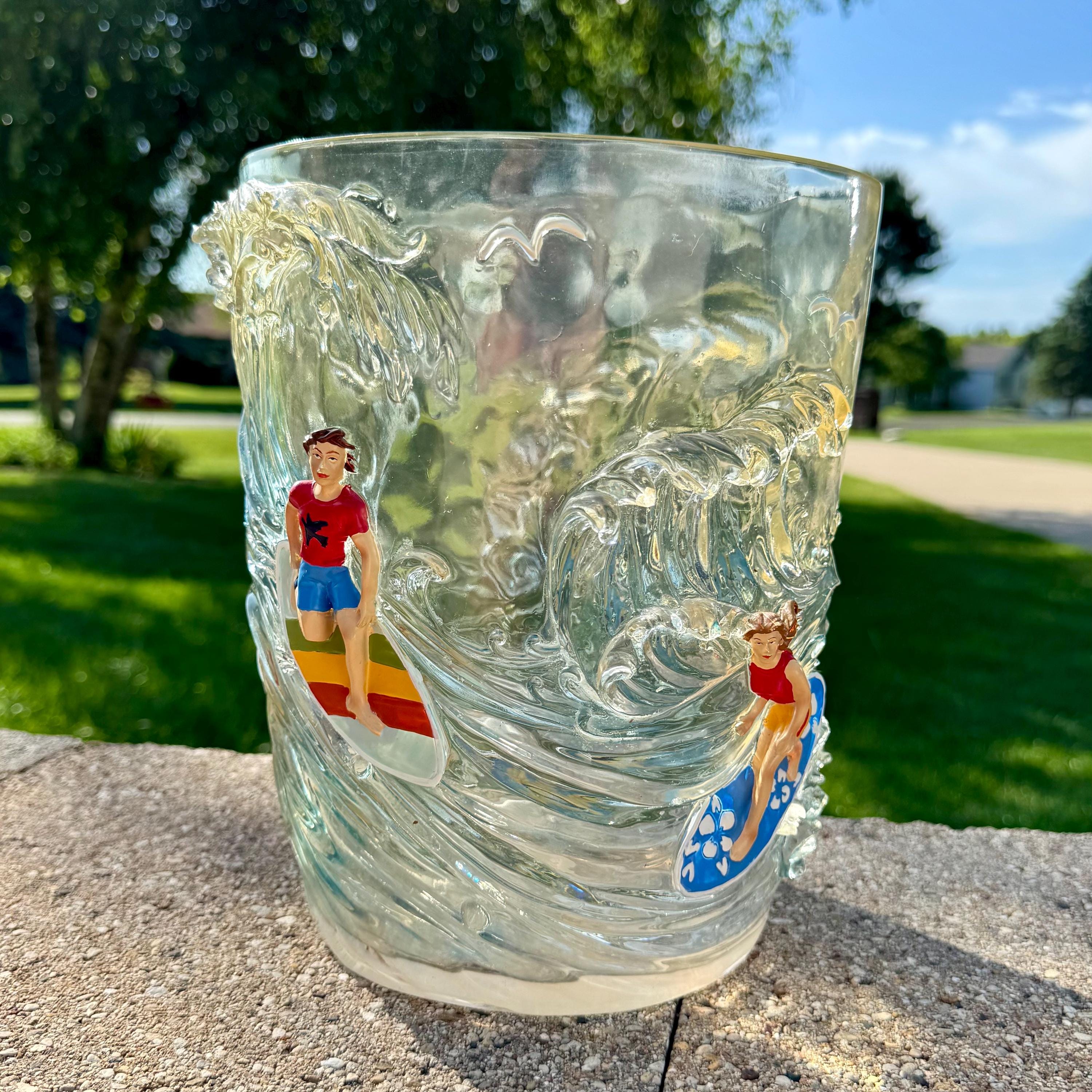 Unique Vintage Izsy 3D Acrylic Surfer Waste Basket Waves Ocean Beach Bathroom