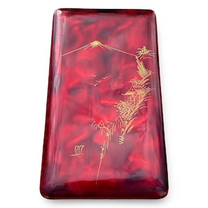 Vintage Japan Red Gold Engraved Traditional Japanese Scene Jewelry Box Mt Fuji Asian