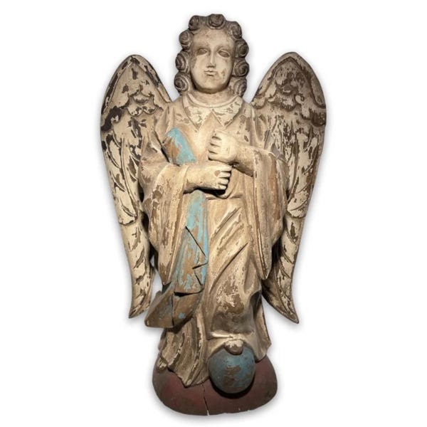 RARE Antique Vintage Heavy Handcarved Gothic Angel Signed RO Angel Museum Beloit Wood Sculpture Figure