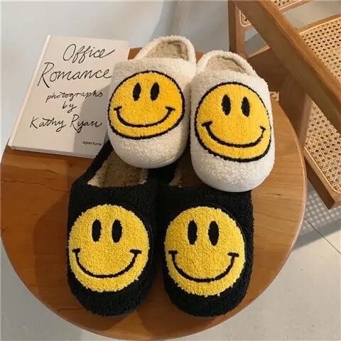 Retro smiley face soft plush comfy warm slip-on slippers,Smiley Face …