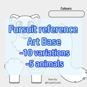 Puede incluir: Una base de arte digital para hojas de referencia de fursuit. La imagen presenta un dibujo lineal de una cabeza de animal de dibujos animados, patas y cola. El texto en la imagen dice "Fursuit reference Art Base -10 variations -5 animals". La base es de @CrypticCanis.