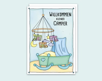 Postkarte zur Geburt Willkommen kleiner Camper