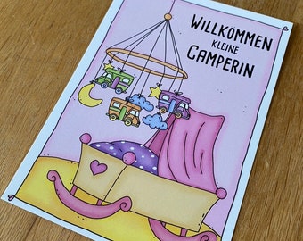 Postkarte zur Geburt Willkommen kleine Camperin