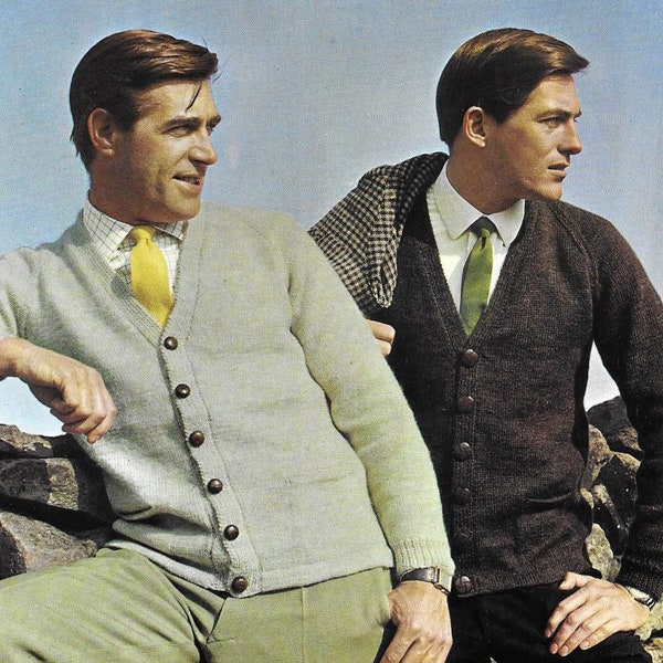 Mens Classic Cardigan Jacket / PDF Vintage Knitting Pattern / V Neck / 1960s / 36-46" / PDF Instant Download 9545