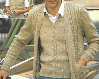 Mens CARDIGAN and Slipover V Neck ~ PDF Vintage Knitting Pattern ~ 1980s ~ 36-46" ~ PDF Instant Download