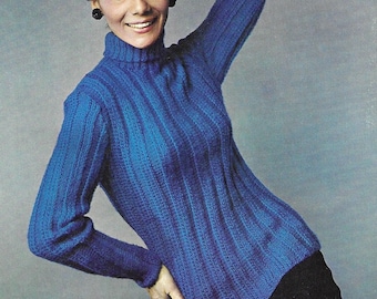 Ladies Sweater Knitting Pattern, Vintage, PDF,  Womens Ribbed Polo Neck Pullover, 1960's Jumper, 34-36", Patons DK, Light Worsted, 9604