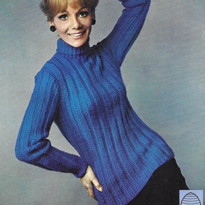 Ladies Sweater Knitting Pattern, Vintage, PDF,  Womens Ribbed Polo Neck Pullover, 1960's Jumper, 34-36", Patons DK, Light Worsted, 9604