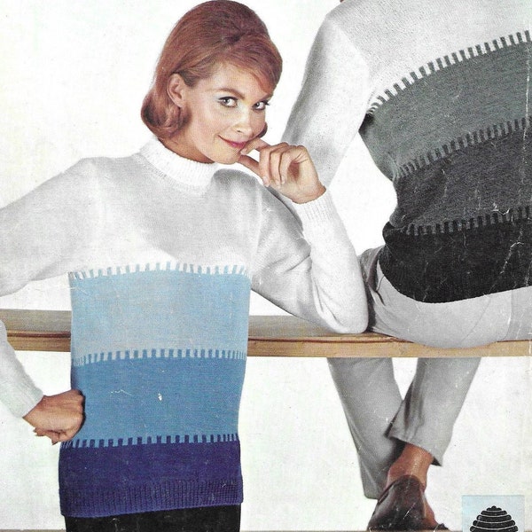 Ladies/Mens Jumper, Womens Vintage Knitting Pattern ~ 1960s Sports Sweater ~ 34-44" ~ PDF Instant Download ~ 4 Ply