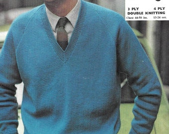 Suéter con cuello en V para hombre de gran tamaño / PDF Patrón de punto vintage / 44-50" / PDF Descarga instantánea / Lana Emu / 3 capas 4 capas doble tejido