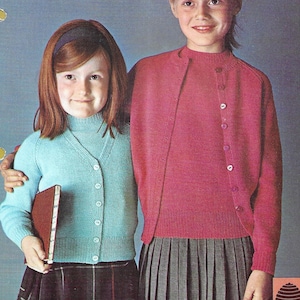Mädchen Pullover, Cardigan, Rundhals, V-Ausschnitt, Vintage Strickmuster • 6 bis 11 Jahre • 86-30&quot; • PDF Instant Download • Patons 3 Ply