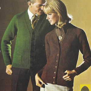 Womens/Mens Cardigans • Knitting Pattern Vintage  • V Neck Cardigans • Patons DK • 34-44&quot; • PDF Instant Download