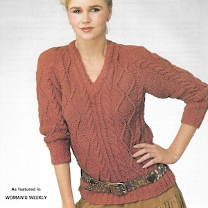 PDF ~ Vintage Knitting Pattern ~ Ladies Aran-Style V Neck Sweater Jumper Womens ~ 1980s ~ 32-38&quot; ~ PDF Instant Download ~ DK