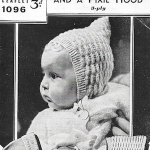 May include: A black and white vintage knitting pattern for a baby bonnet, mittens, and pixie hood. The pattern is from Bestway Leaflet 1096 and is for 3-ply yarn.