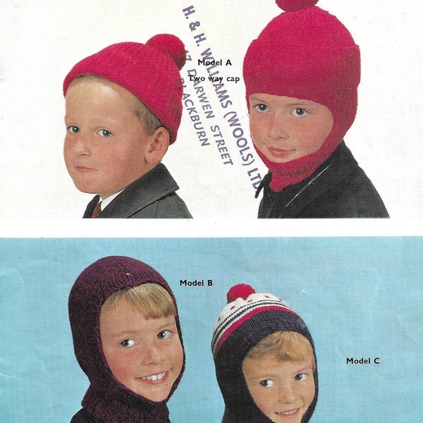 Bonnets tricotés pour garçons, filles, casques, cagoules / 6/8 et 8/10 ans / Modèle de tricot vintage pour enfants / PDF Téléchargement instantané