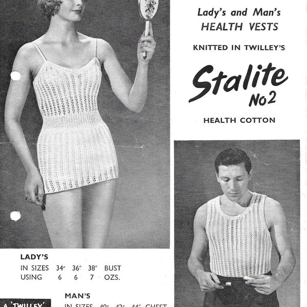 Lady's and Man's Health Vests / Vintage Knitting Pattern / 1960s / 34-44" / PDF Instant Download