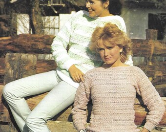 Ladies Sweater Vintage Crochet Pattern • Plain or Striped Jumper slash neck • 30-38" • Patons Cotton Top • PDF Instant Download