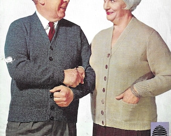 Womens/Mens Cardigans • Knitting Pattern Vintage  • V Neck 'Him and Her' Senior Cardigans • Patons DK • 44-50" • PDF Instant Download / 129