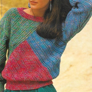 May include: A color-blocked sweater in shades of blue, green, and red. The sweater features a crew neck and long sleeves. The text "Some experience needed" is in the upper right corner. The sweater is made of a knitted material.