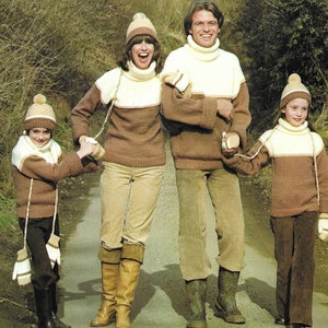 Breipatroon, mannen, vrouwen, jongens, meisjes trui, muts & wanten, PDF, familie trui, vintage jaren 1970, 24-46 ins, Robin Chunky, omvangrijk, 12 laags