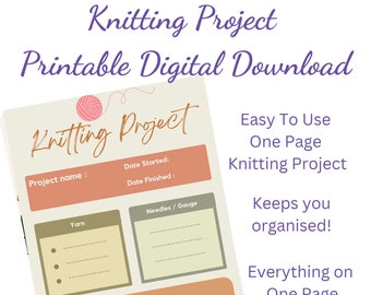 Knitting Project Printable Digital Download - A4 One Page Planner - PDF Instant Download - Use For All Your Knitting Projects