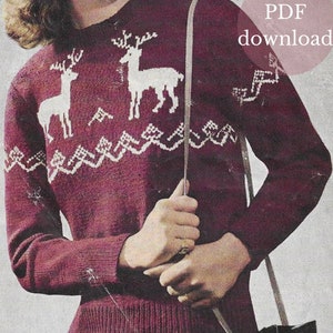 Ladies Christmas Sweater Knitting Pattern • Womens Norwegian Reindeer Top • 34-35" • PDF Instant Download • 1950s Vintage Sirdar 4 Ply