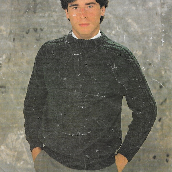 Mens Sweater Knitting Pattern • Crew Neck Jumper with Cable Panels • 36-42" • PDF Instant Download • Vintage Patons Beehive DK 7299