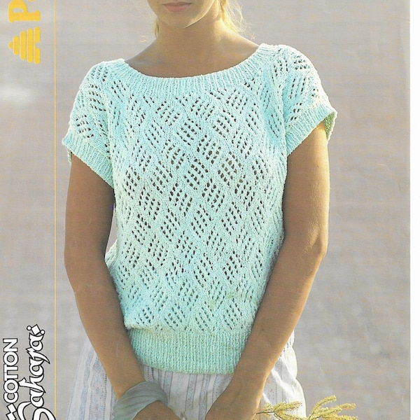 Womens Lacy Sweater Knitting Pattern Vintage 1980s, Ladies Short Sleeve Top, Jumper • 30-40" • Patons Cotton Sahara, PDF Instant Download