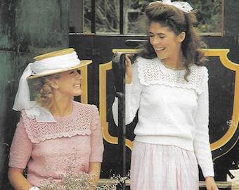 Womens Lace Yoke Sweaters Knitting/Crochet Pattern • 30-38" • PDF • Short Sleeve/Long Sleeve Jumper • Vintage 1980's Patons Cotton Top 7129