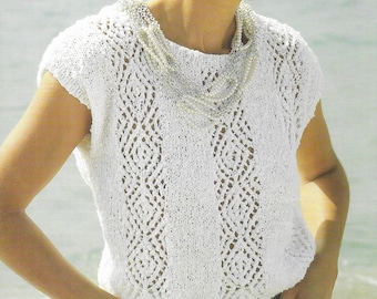 Damen Kurzarm Top Strickmuster Vintage 1980er • Damen Sommer Pullover Spitzen-Panels • 30-42" • Wendy Capri 2662 / (248)