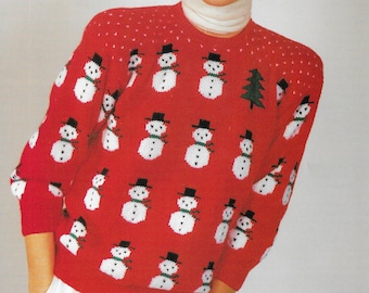 Modello di maglia in PDF • Maglione da donna a forma di pupazzo di neve da 30-40" • Maglione natalizio festivo • Download immediato in PDF • Sirdar DK