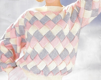 Womens Vintage Knitting Pattern ~ Ladies Colourful Entrelac JUMPER ~ 32-40" ~ PDF Instant Download