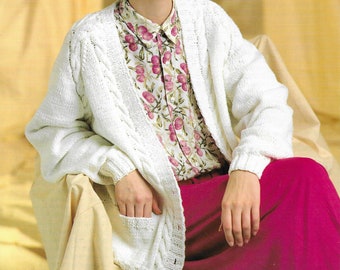 Long Cardigan Knitting Pattern, Cable Pattern, Womens Top, 32-42", PDF Download, Sunbeam Aran Wool