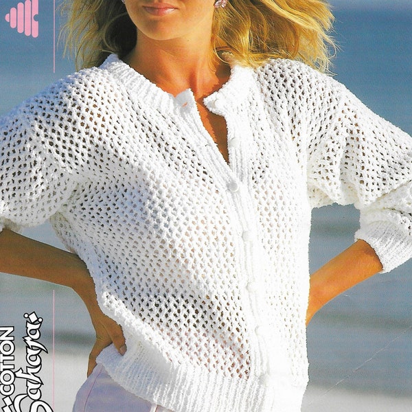 Modèle de tricot de cardigan en dentelle pour femmes • Haut d'été • Tailles ados incluses • 30-40 po. • Téléchargement PDF • Patons Cotton Sahara 8263