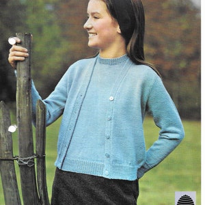 Girls Jumper & Cardigan Knitting Pattern, Vintage • Twin Set ages 8 to 13 years 28" to 32" • PDF Instant Download • Patons 4 Ply