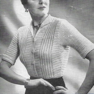 Womens 1950s Knitting Pattern, Cardigan, Blouse, Short Sleeve Top with Collar, 32&quot;, PDF Instant Download, Classic Summer Top