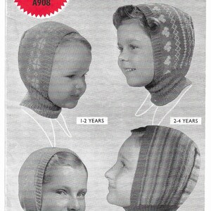 May include: A vintage knitting pattern for balaclava helmets for children. The pattern includes four different sizes: 1-2 years, 2-4 years, 4-6 years, and 6-8 years. The pattern is from Weldons Knitwear and costs 4 pence.