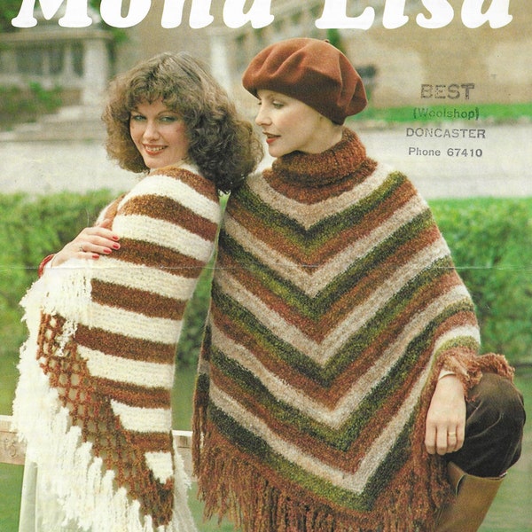 Womens Poncho & Shawl Vintage Knitting Pattern • Cloak, Wrap with Fringe • PDF Download • Patons Mona Lisa • 1459