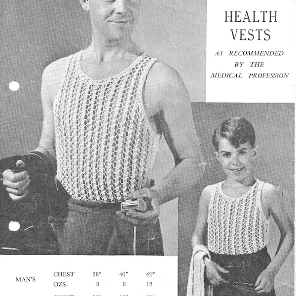 Mens and Boys Health Vests • Vintage Knitting Pattern • 1950s/1960s • 26-30" & 38-42" • Twilley's • PDF Instant Download