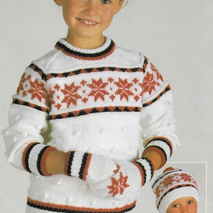 Girls Christmas Sweater Knitting Pattern • PDF • Snowflakes Mittens & Cap • 22-26&quot; • Vintage Pattern, Sirdar DK 4612