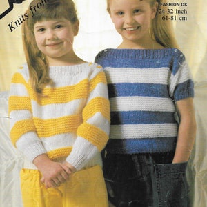 May include: Two girls wearing striped sweaters. The girl on the left is wearing a white and yellow striped sweater with long sleeves and yellow pants. The girl on the right is wearing a blue and white striped sweater with short sleeves and dark blue jeans. The text "Robin Knits from 2 balls" is at the top left of the image. The text "13972 Feelings FASHION DK 24-32 inch 61-81 cm" is at the top right of the image.