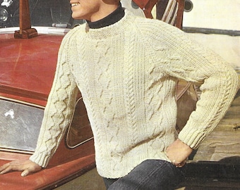 Mens Aran Sweater Knitting Pattern, PDF, Male Jumper, 40-44", Vintage 1960s Pattern, Round Neck, Patons Capstan Aran Yarn